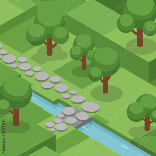 Isometric illustration of a serene forest landscape with a winding stream and stepping stones.