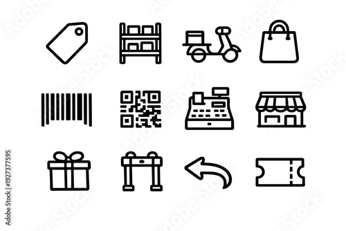 Shopping and retail line icons featuring price tag delivery scooter barcode cash register storefront gift box and ticket for commercial use