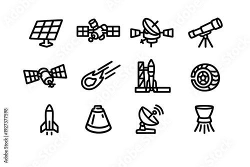 Space exploration and astronomy line icons featuring satellites, rockets, telescope, and solar panels for science and technology projects