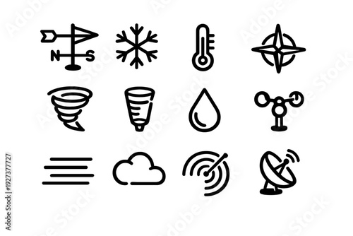 Weather and meteorology line icons set including snowflake thermometer cloud tornado and satellite dish for forecasting apps