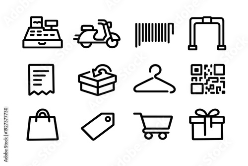 Collection of retail and e-commerce line icons including shopping cart cash register delivery scooter barcode and gift box on white