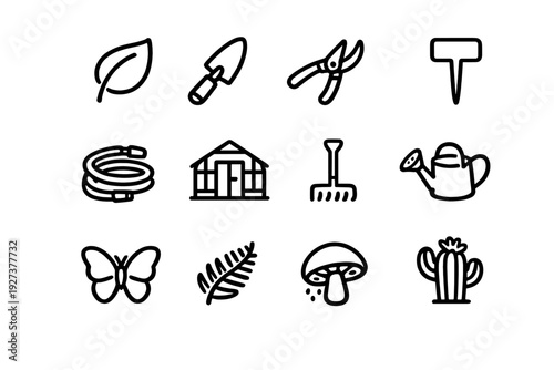 Collection of gardening and nature line icons including tools plants and greenhouse on white background