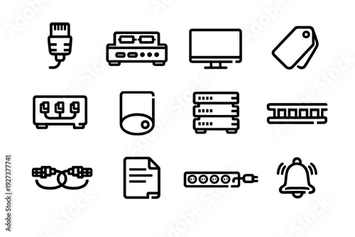 Set of technology and networking hardware icons including server monitor router power strip and ethernet cable on white background