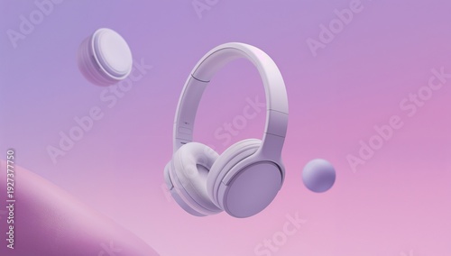 Minimalist composition of white wireless headphones floating against a gradient purple and pink pastel background with abstract shapes