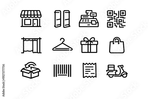Retail and shopping line icon set including storefront cash register QR code fitting room hanger gift bag return box barcode and receipt