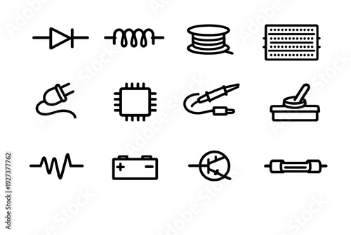Electronic components and engineering tools line icons set including microchip battery resistor and soldering iron for circuit design