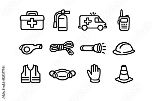 Emergency rescue and safety equipment icons set including first aid kit ambulance fire extinguisher flashlight and protective gear