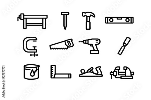 Carpentry and woodworking tools icon set including hammer saw drill workbench level clamp chisel and hand plane for construction projects