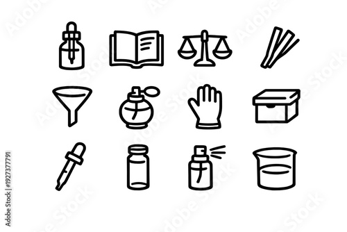 Laboratory and pharmacy equipment icons including beaker scales funnel and dropper bottles on white background