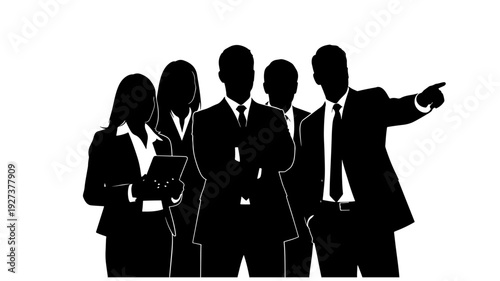 Business team silhouettes in professional attire pointing direction in black and minimalist style for corporate branding Transparent Background