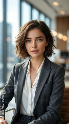A confident young businesswoman with short wavy hair and blue eyes poses in a grey suit and white shirt, looking directly at the camera in a modern office, symbolizing professionalism.