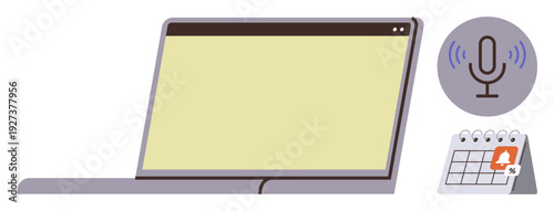 Digital tools, online meetings, podcasting, remote work, event planning, time management. Laptop with blank screen, calendar with notification microphone icon. Online meetings and podcasting concept