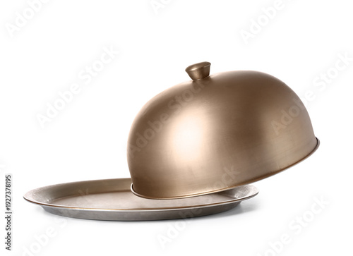 Metal tray with open cloche...