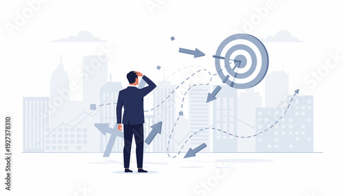 Businessman in a suit looking at a target with multiple arrows and data charts against a city skyline. Concept of business strategy, goal setting, direction, and overcoming career challenges.