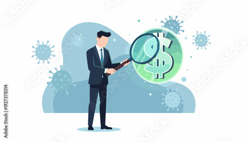 Businessman in a Professional Suit Using a Magnifying Glass to Analyze a Dollar Sign Symbol Amidst Coronavirus Virus Cells, Representing Economic Impact, Financial Crisis, and Market Research.