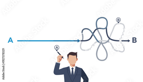Businessman Drawing a Straight Line from Point A to Point B Representing Efficiency and Problem Solving Strategy Overcoming Complexity and Tangled Paths for Business Success and Clear Goals