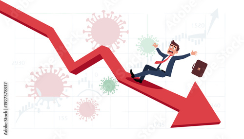Businessman Sliding Down a Red Arrow Representing a Falling Economy Graph and Stock Market Crash Due to the Coronavirus COVID-19 Pandemic Impact, Financial Crisis and Business Failure Concept