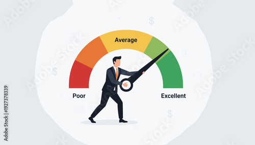 Businessman Pushing Needle on Credit Score Gauge from Poor to Excellent, Financial Rating Concept with Performance Meter, Success and Growth Illustration for Business and Personal Finance Management