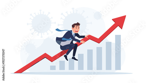 Scared businessman riding a red arrow pointing up over a bar chart with coronavirus icons in the background, representing economic volatility, market growth, and financial risk during pandemic.
