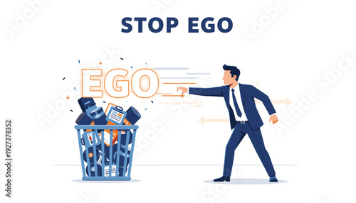 Businessman throwing his ego into a trash bin, stop ego concept vector illustration. Professional man in suit discarding pride and arrogance for better leadership, humility, and self-growth.