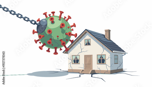 Coronavirus Wrecking Ball Destroying a House as a Metaphor for the Pandemic Related Mortgage Crisis, Real Estate Economic Impact, Foreclosure, Financial Instability and Housing Market Crash