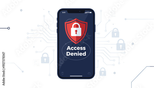 Mobile Security and Data Protection Concept with Access Denied Message on Smartphone Screen, Red Shield and Padlock Icon for Cybersecurity, Privacy, and Unauthorized Access Prevention Vector.