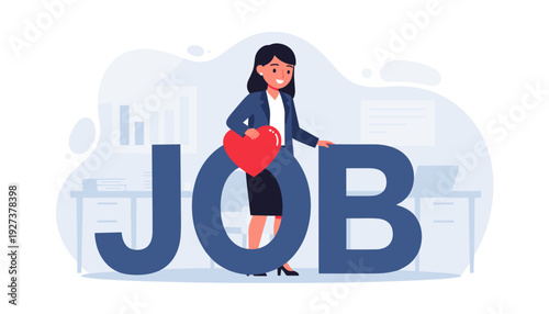 Happy businesswoman placing a red heart into the word JOB, symbolizing passion for work, career satisfaction, professional happiness, and work-life balance in a modern office environment.