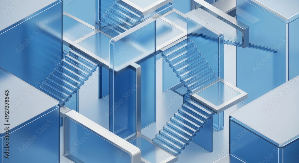 Obraz premium Abstract 3D Render of Blue Glass and White Geometric Interconnected Architectural Structure with Stairs