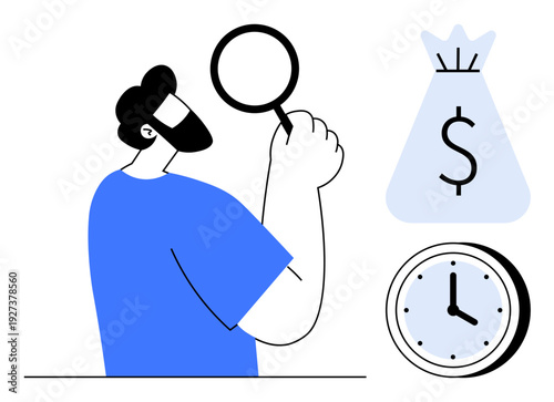 Man using magnifying glass next to dollar bag and clock to represent financial research, investment strategies, time efficiency, business decisions, economic planning, wealth management. Ideal