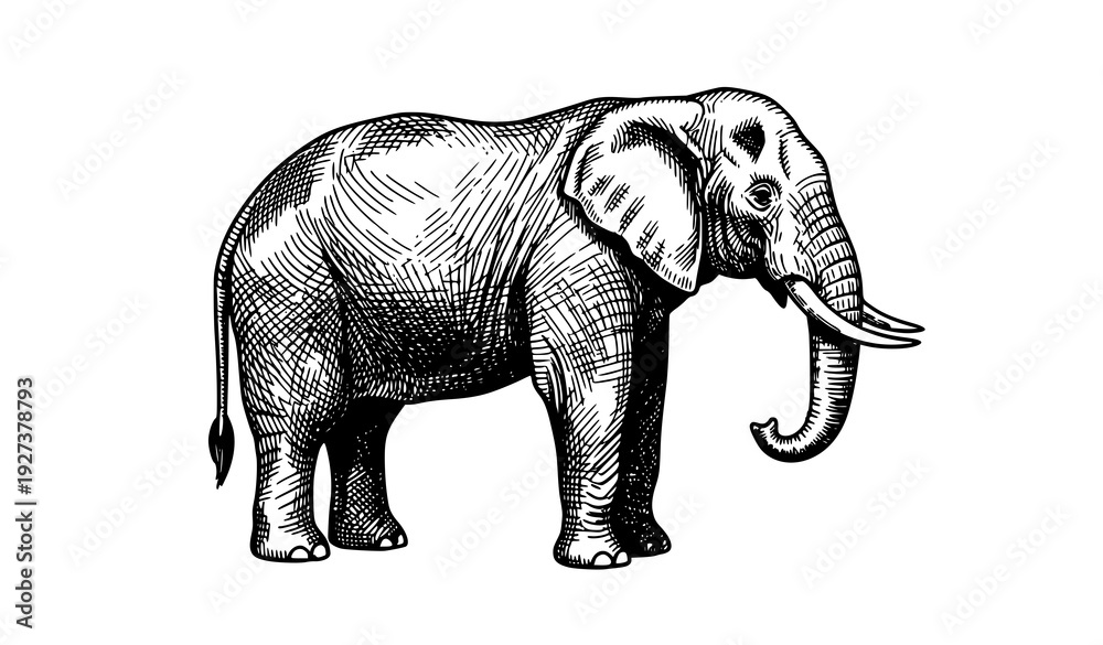 Fototapeta premium Vintage elephant engraving illustration in black ink etching style