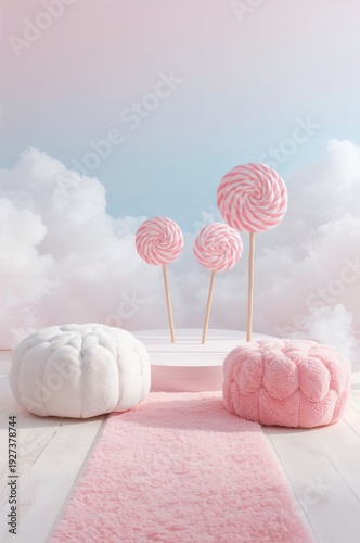 Three giant pink and white swirl lollipops on sticks displayed on a pink podium on a white wooden floor with pink and white furry cushions under a dreamy sky