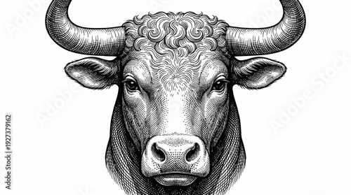 Majestic Bull Head Engraving Illustration - Vintage Woodcut Style Taurus Portrait