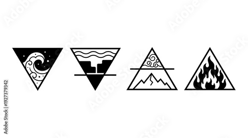 Minimalist Vector Icons: Four Classical Elements - Water, Earth, Air, Fire in Geometric Triangle Symbols