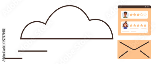 Cloud computing, online reviews, user feedback, client communication, digital storage, customer connections. Cloud icon, email envelope profile rating interface. Cloud computing and online reviews