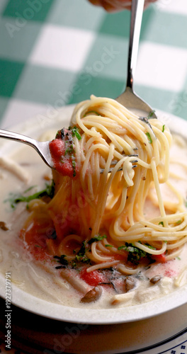 明太子、大葉、刻み海苔を添え、クリーミーな和風ホワイトソースにパスタを合わせた一皿。明太子のつぶつぶ感と薬味のアクセント、和洋折衷の優しい味わいを伝えるランチやディナーメニューの販促・広告用素材に。 | A Mentaiko (cod roe) and white sauce pasta topped with Shiso leaves and shredded Nori seaweed.