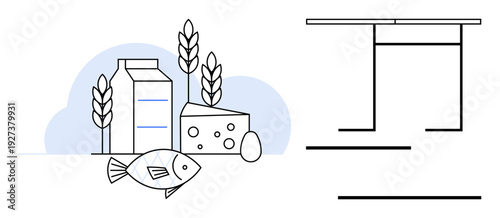 Nutrition, healthy eating, food groups, diet planning, meal preparation, dietary guidance. Milk carton, cheese fish egg and grains on soft blue background. Nutrition and healthy eating concept
