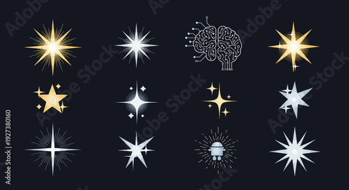 Sparkling Stars and Digital Brain Icons: Abstract Technology and Success Symbols
