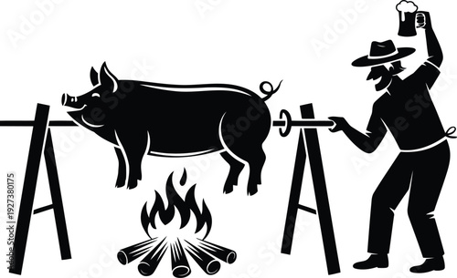 Man roasting whole pig on spit silhouette, traditional outdoor fire cooking scene