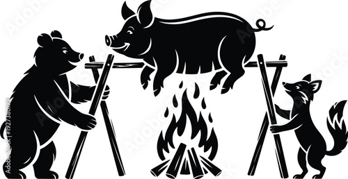 Forest animals roasting pig on spit silhouette, playful woodland feast scene, Bear and fox pig roast silhouette, whimsical woodland cooking scene