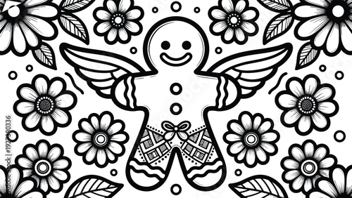Cute gingerbread angel coloring page with floral pattern, black and white outline illustration for Christmas holiday design, printable kids activity, festive vector artwork