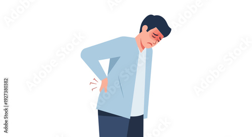 Man experiencing severe lower back pain while standing with hand on hip and strained expression
