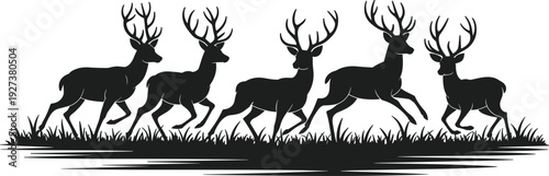 Group of Five Deer Stags with Antlers Running and Galloping Through a Grassy Meadow Field in Black Silhouette Style Isolated on White BackgroundGroup of Five De