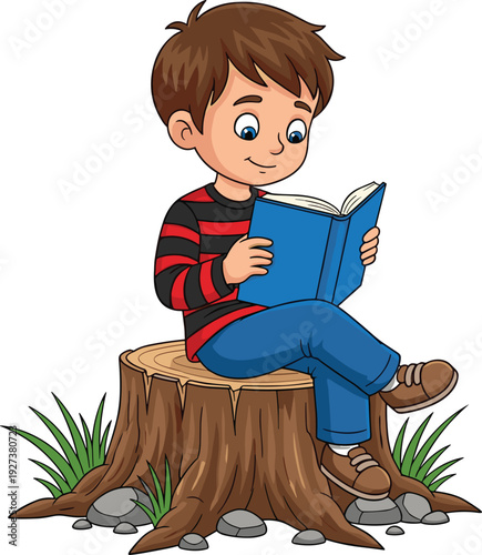 Happy cartoon boy wearing a red striped shirt sitting on a tree stump reading a blue book for kids education literacy and storytelling