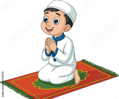 Happy cartoon Muslim boy in traditional white thobe and kufi hat kneeling on a prayer rug and praying for Ramadan and Islamic branding