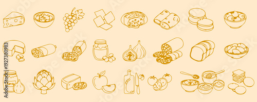 Charcuterie and Cheese Sketch Icons Set