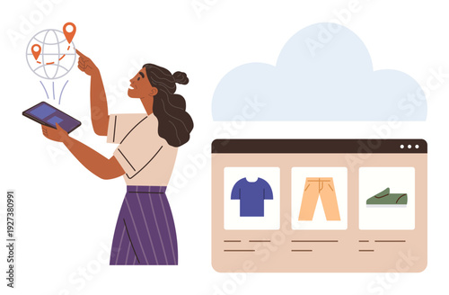 E-commerce, online shopping, digital business, remote operations, global management, cloud storage. Woman with a tablet pointing at a map and a cloud graphic. E-commerce and online shopping