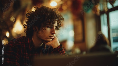 Pensive young man with curly hair sits alone looking down inside a dimly lit cafe.