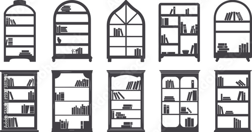 Collection of ten bookshelf silhouettes with unique designs and decorative arrangements, showcasing modern and traditional furniture styles for interior design and creative projects