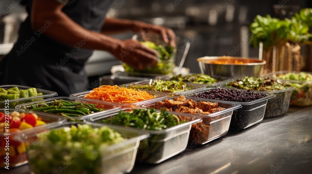 Obraz premium Chef prepares sustainable meal containers in a professional kitchen setting