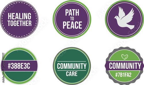 Collection of vector graphic badges for community, peace, and healing.